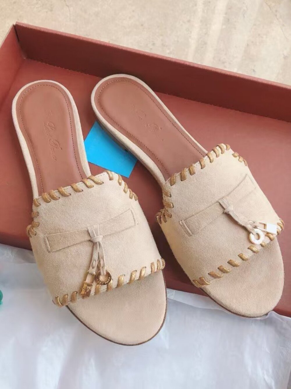 Loro Piana Beige Bow Charm Slide Sandals